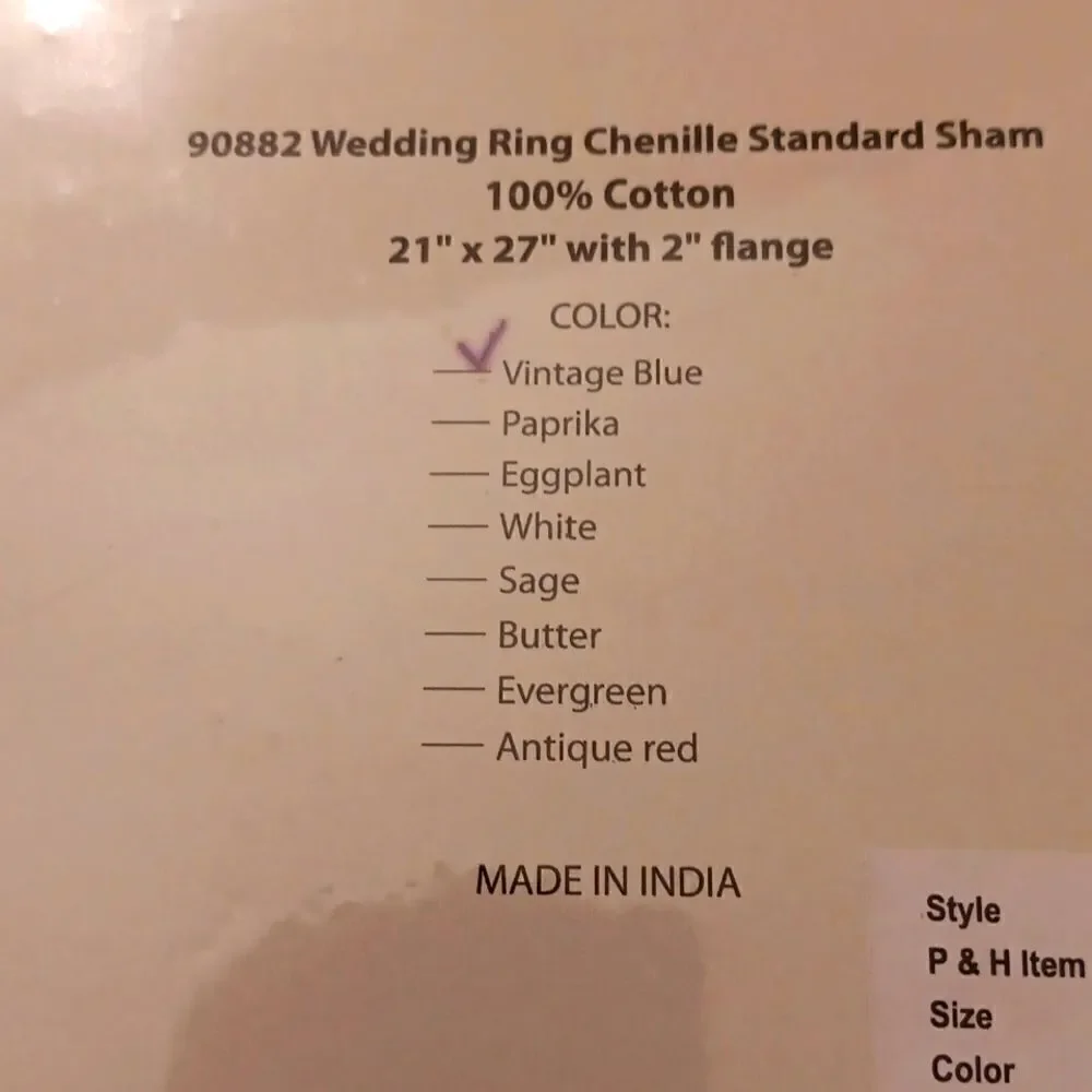 New P&H Chenille Vintage Blue Standard‎ Sham New